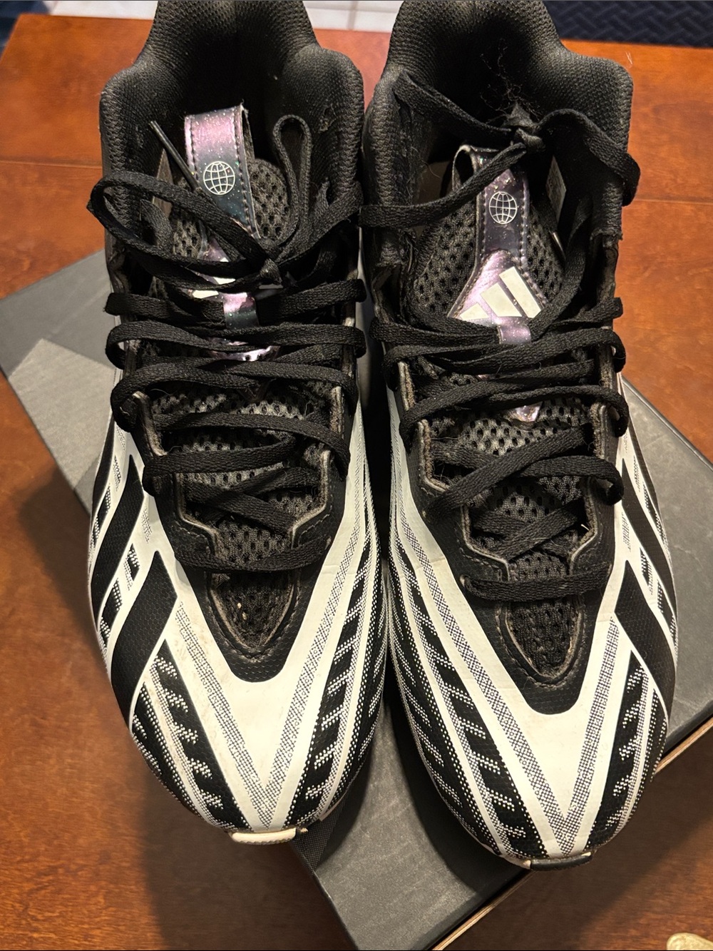 adidas Men’s Black and White Athletic Shoes with Iridescent Tongue Accents